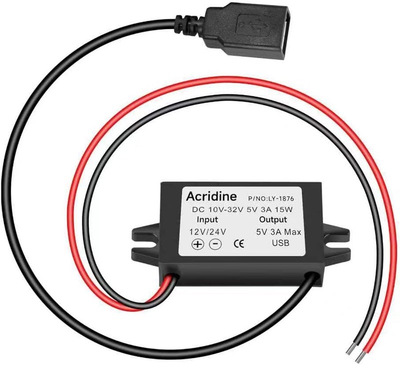 Acridine 12V 24V DC to 5V 3A USB Female DC Converter Adapter Buck Module - Image 1